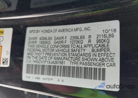 2018 Honda Accord Lx from USA, damaged, VIN 1HGCV1F1XJA267681